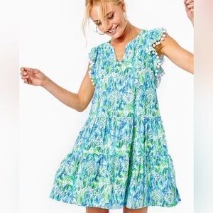 Lilly Pulitzer Blue Green Floral Mini Dress with White Pom Trim